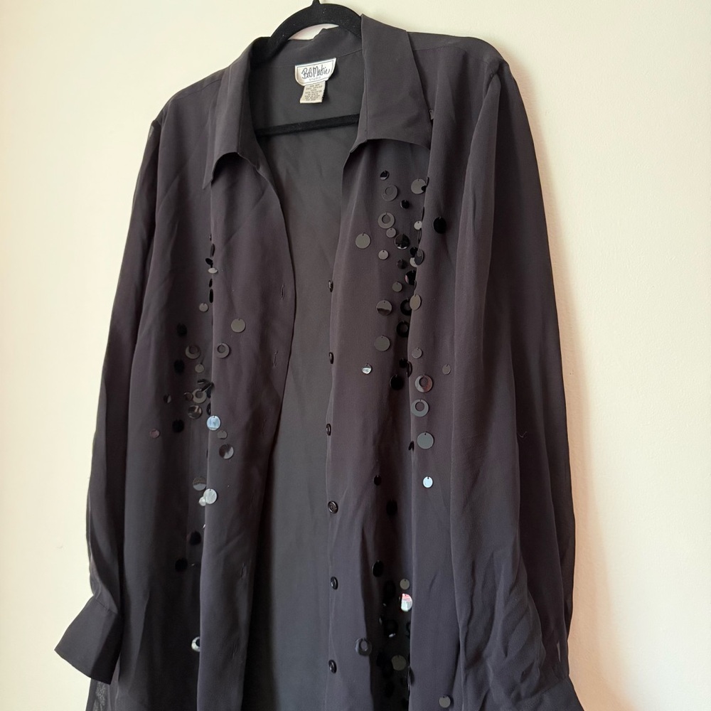 Bob Mackie Wearable Art 100% Silk Black Sequin Long Sleeve Shirt, 22W